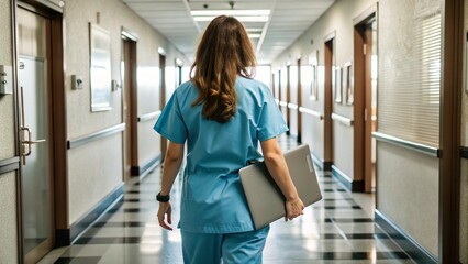 Female Nurse Walking Away in Hospital Corridor, Dressed in Blue Scrubs and Holding a Clipboard, Professional Medical Environment.