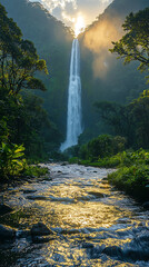 Fototapeta premium majestic waterfall cascades down from the lush green mountains surrounded by dense forests and vibrant wildlife 