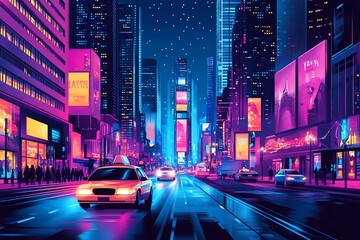 A neon-lit city street at night, with cars and people passing by.