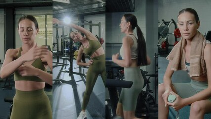 Split screen video showing young fit woman stretching shoulders and doing side bends, running on treadmill and posing for camera while resting after workout in gym