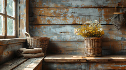 Wicker baskets and flowers are adding a touch of brightness to this rustic log cabin sauna interior