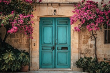 Photograph of the front door with turquoise double doors and bougainvillea in front of an old stone building in Malta