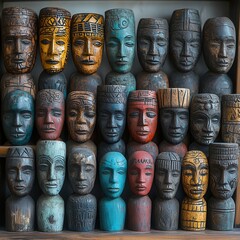 Colorful Wooden Carvings of Tribal Masks and Faces