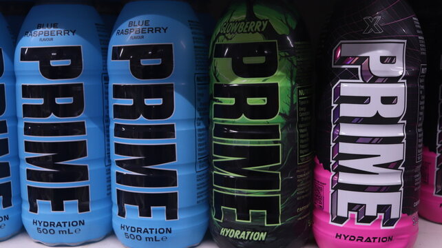PONTYPRIDD, MID GLAMORGAN, WALES, UK - SEPTEMBER 25, 2024: PRIME HYDRATION ENERGY SPORTS DRINKS ON DISPLAY