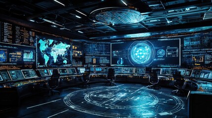 A digital control room with holographic displays showcasing military tactics and cyber warfare operations, illustrating the intersection of technology and strategy.