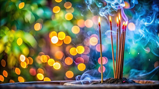 Softly burning joss sticks fill the air with fragrant smoke, fostering a serene atmosphere, perfect for relaxation and mindfulness in a peaceful, calming space.