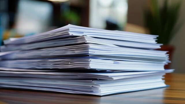 Important documents are piled up on a desk, representing a large amount of paperwork waiting to be processed. The blurred background suggests an office environment