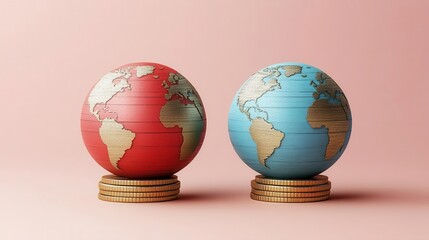 Two globes representing different economies on coin stacks, symbolizing global finance and investment opportunities.