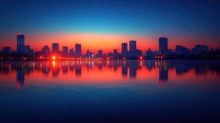 Fototapeta premium Serene City Skyline at Dusk with Reflections