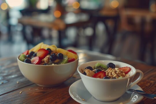 A table setting with a bowl of cereal and a bowl of fruit, perfect for a quick breakfast or snack