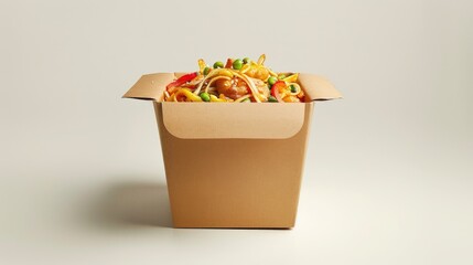 A cardboard box filled with noodles and vegetables, a simple meal solution