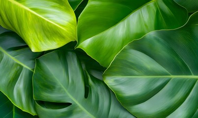 View of Lush Green Tropical Leaves with Prominent Veins, Generative AI