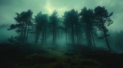 Naklejka premium Ethereal Foggy Forest Scene at Dusk