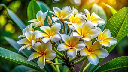 Fototapeta premium Radiant plumeria alba flowers showcase vivid yellow and white petals, contrasted beautifully against a dreamy, blurred green background, evoking a sense of tropical tranquility.