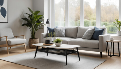Intérieur design salon canapé neutre moderne épuré simple gris décoration architecte mobilier idées.