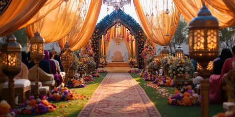 Fototapeta premium A beautifully decorated ceremonial space with floral arrangements and vibrant drapery.