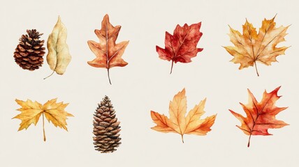 Fototapeta premium Watercolor Autumn hand painted pine cone,autumn leaves,dry leaves,watercolor botanical illustration,For fall autumn season,fall hand drawing,Floral illustrations for logo,invitation,nature elements.