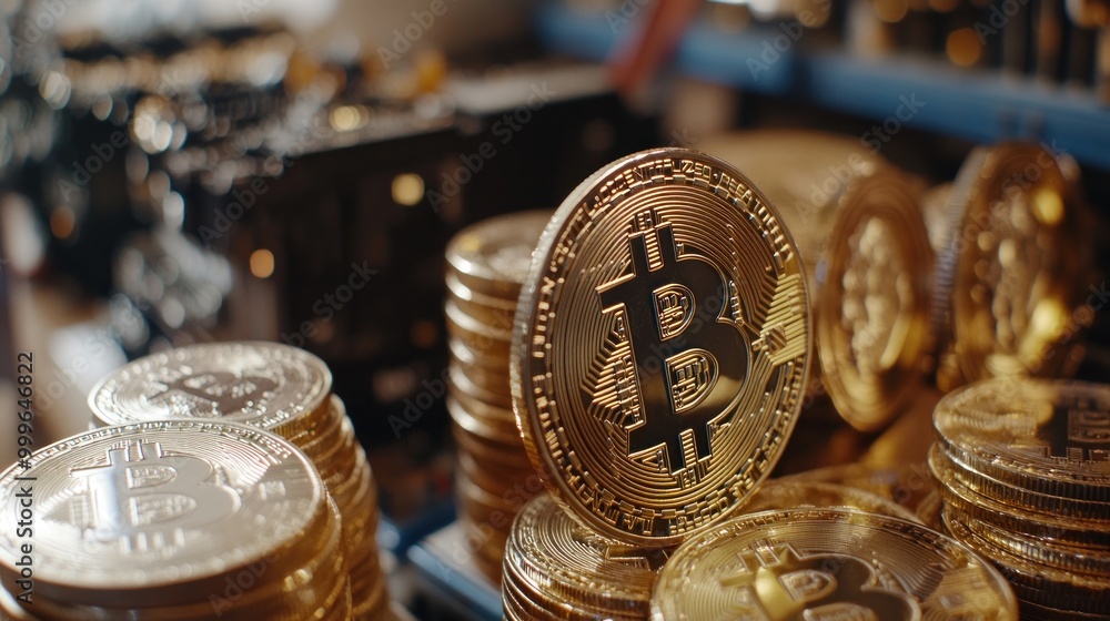 Poster stacked gold coins representing bitcoin in a cryptocurrency mining environment.