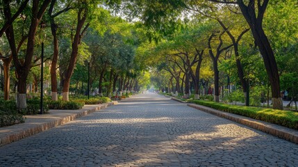 Obraz premium A serene tree-lined pathway with cobblestone, inviting leisure and nature appreciation.