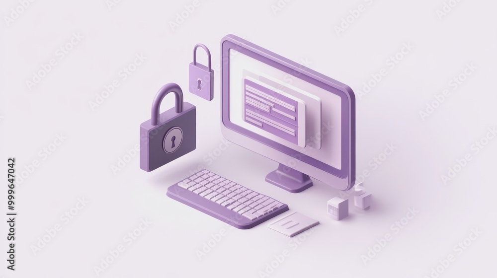 Aufkleber a stylized illustration of a computer setup with security locks, emphasizing cybersecurity.