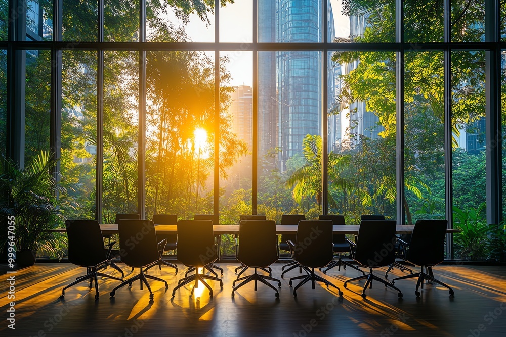 Poster A row of office chairs in a boardroom with a panoramic view of a city skyline through large windows. The sun is shining through the windows, casting long shadows on the floor.