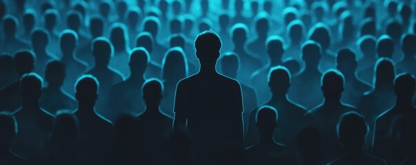 Colorful silhouette pf person standing in monochrome crowd of different people,surreal unique and different concept,loneliness in society,shadow,freedom,Love,be yourself,Stand out from the crowd.