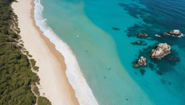 Vue baie plage &icirc;le paradisiaque tropical mer oc&eacute;an eau claire turquoise voyage destination vacances haut.
