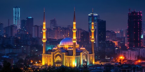 Naklejka premium A beautifully illuminated mosque amidst a city skyline at dusk.