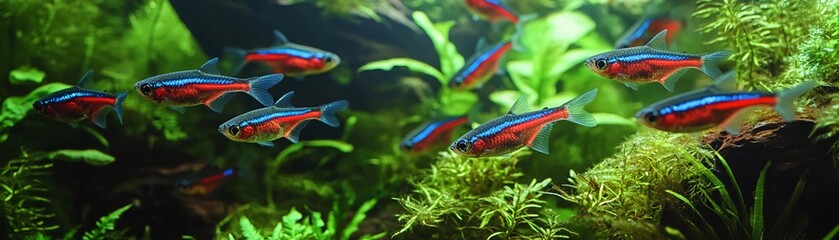 A school of neon tetras with their electric blue and red stripes swimming in harmony through a lush green aquascape