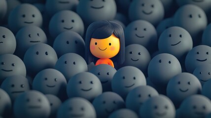 Top view of crowd of identical people with same emotions,one different woman,happy woman in sad people crowd,difference,diversity,Stand out from the crowd,not like everyone els,Love,be yourself.