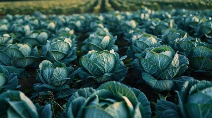 Obraz premium Vitamin and mineral rich green cabbage on a rural field ready for gathering