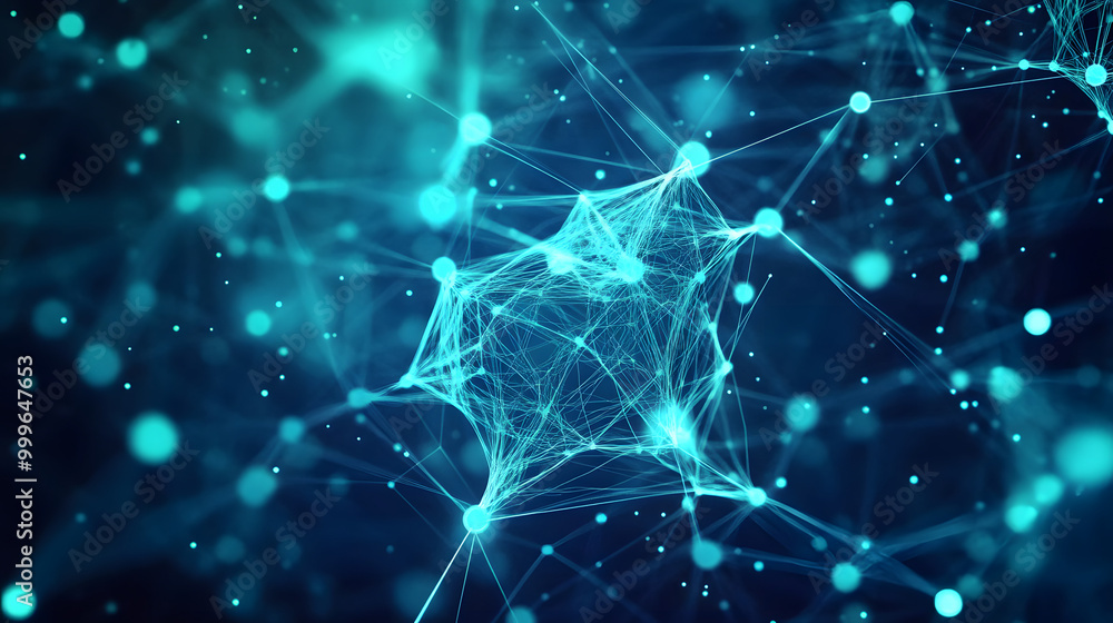 Aufkleber abstract blue green technology background with a cyber network grid and connected particles artifici