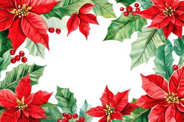 Festive christmas poinsettia and holly frame for holiday design
