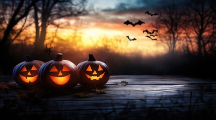 Halloween pumpkins on a rustic wooden table with a dark, eerie forest background at sunset, creating a spooky and atmospheric setting. The blurred trees in the distance provide an ominous, shadowy bac