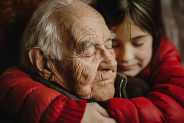 Portrait of lovingly tenderly hugs granddaughter of elderly senior man. Family generation and intergenerational concept