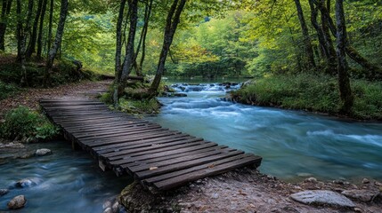 Naklejka premium A serene wooden bridge over a flowing river surrounded by lush green trees.