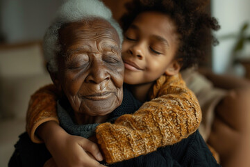 Granddaughter lovingly tenderly hugs of elderly senior man. African-American family generation and intergenerational concept