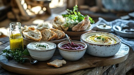 A rustic spread of dips, bread, and herbs on a wooden platter, inviting for sharing.