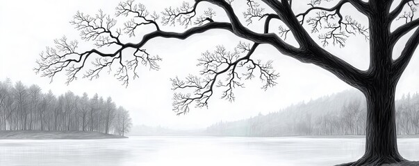 Pencil sketch of a tree with long, reaching branches over a peaceful river, with the scene captured in soft, natural tones to evoke a sense of calm and reflection