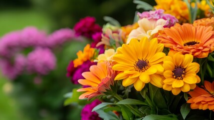 A vibrant bouquet of colorful flowers featuring yellow, orange, pink, and purple blooms, set against a lush green background.