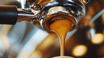 Close-up of espresso being extracted from a coffee machine.