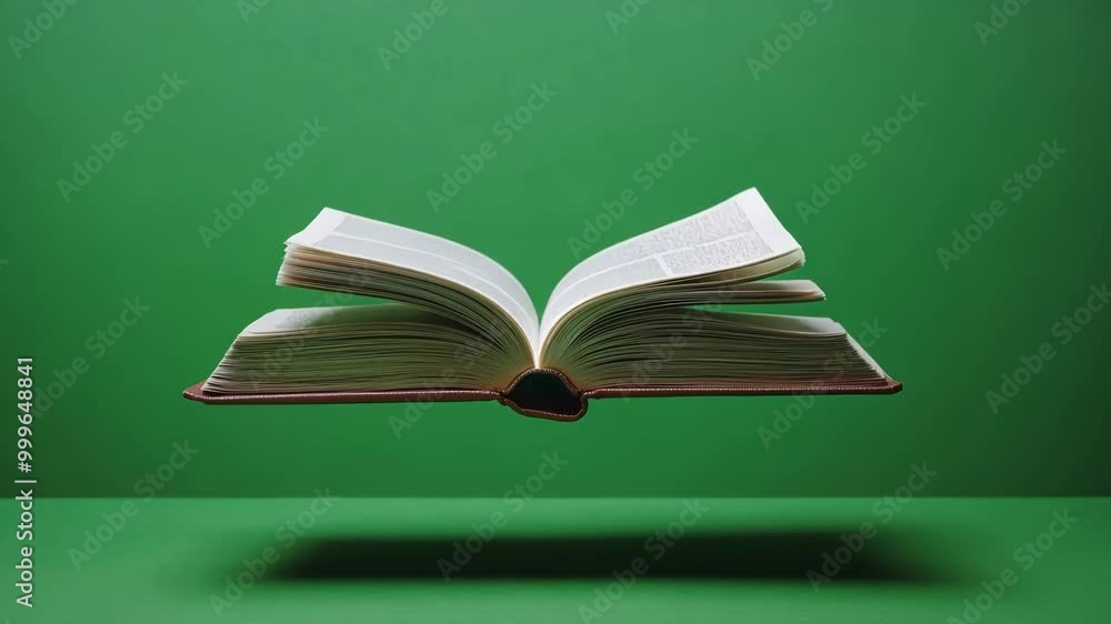 Poster open book with its pages turning upwards is floating on a green screen background, perfect for compo