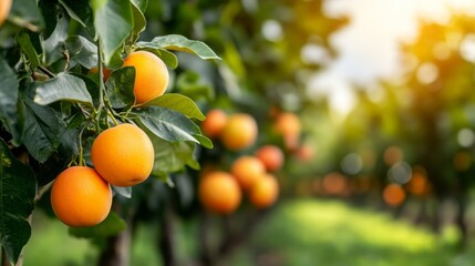 A vibrant orange orchard with ripe fruit hanging from branches, surrounded by lush green leaves and soft sunlight filtering through.