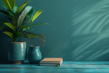 still life with books and potted plant on a blue background with copy space