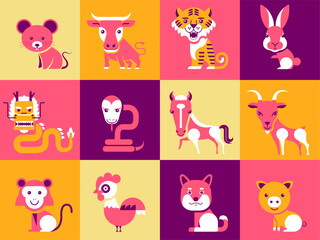Set of Chinese zodiac mascots, cartoon character, 
Chinese horoscope zodiac collection,  geometric minimal flat design, symbol