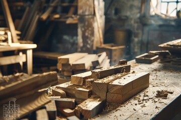 A stack of wooden planks or logs sitting on a flat surface, possibly used as a decorative element or for storage