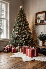 A christmas tree with presents under it and a picture of a christmas tree