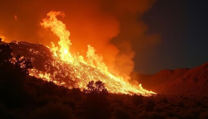 Fototapeta premium Wildfire engulfs mountainous terrain under night sky