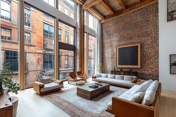 Fototapeta premium A spacious living room with a large sectional sofa, a wooden coffee table, and an exposed brick wall.