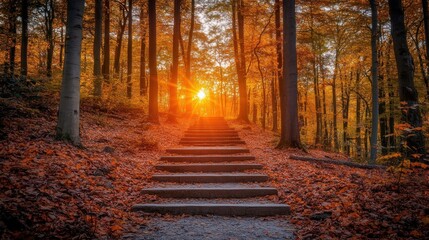 Obraz premium A serene forest path illuminated by a golden sunset through autumn leaves.